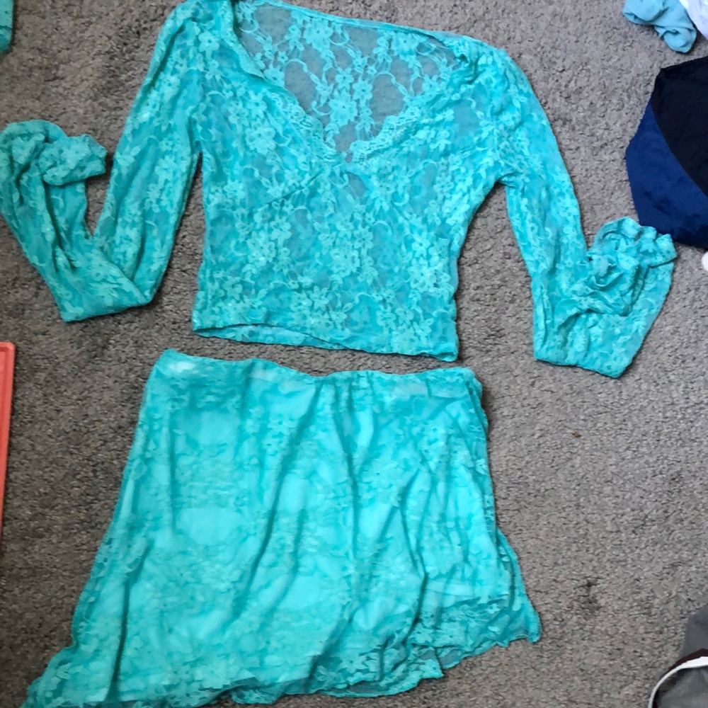 Turquoise blue/green lace skirt set